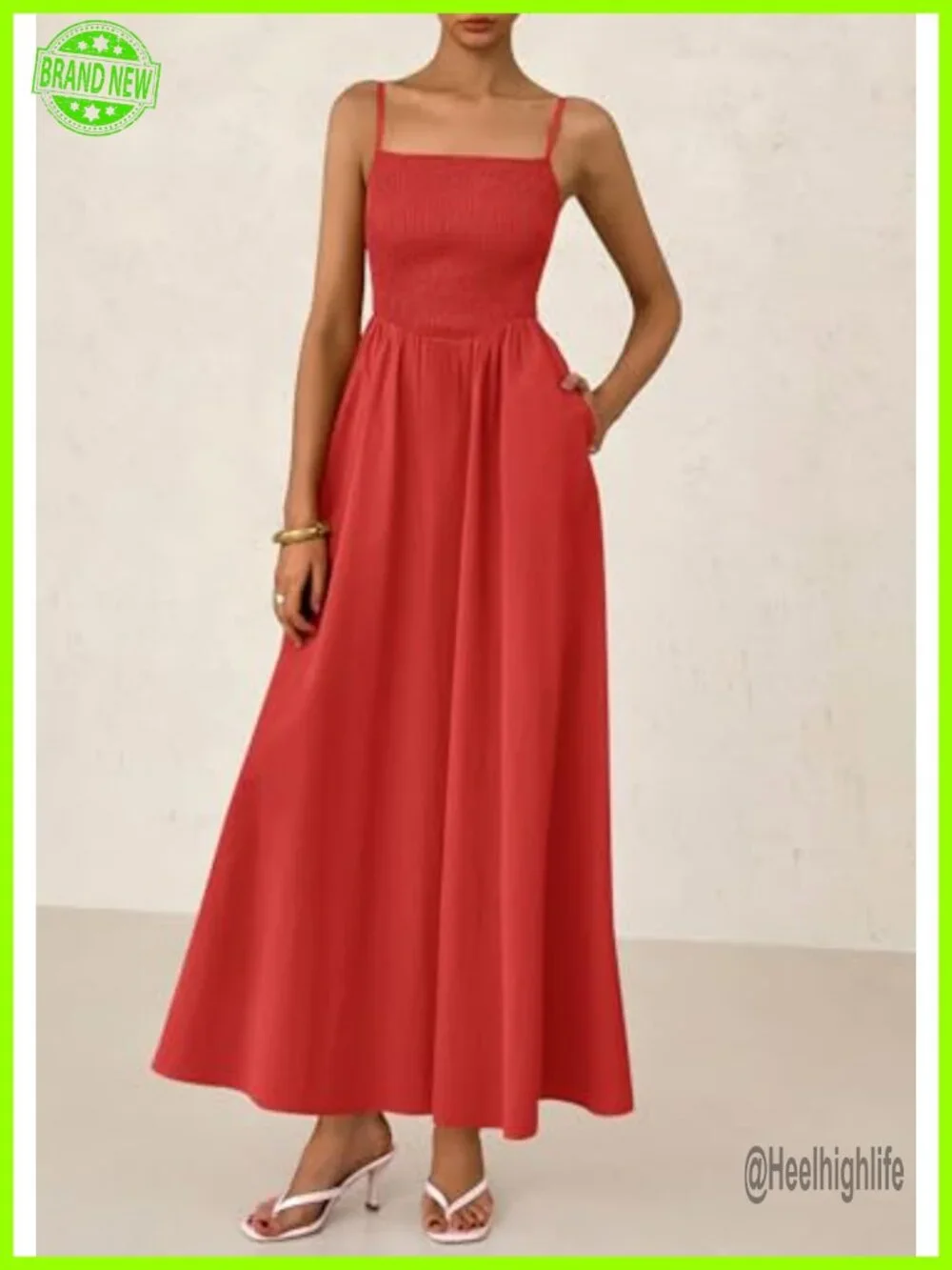 Smocked Maxi Dress with Pockets Spaghetti Strap A-Line Beach Sundress - Picture 5 of 6